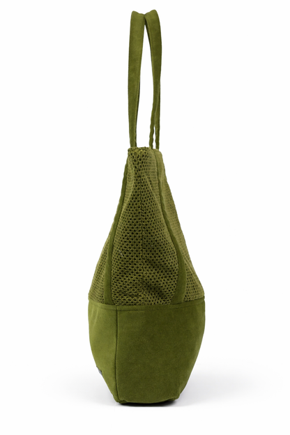 Olive Mesh & Suede-Texture Oversized Tote