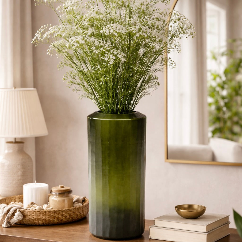 Emerald Ribbed Cylindrical Glass Vase Medium