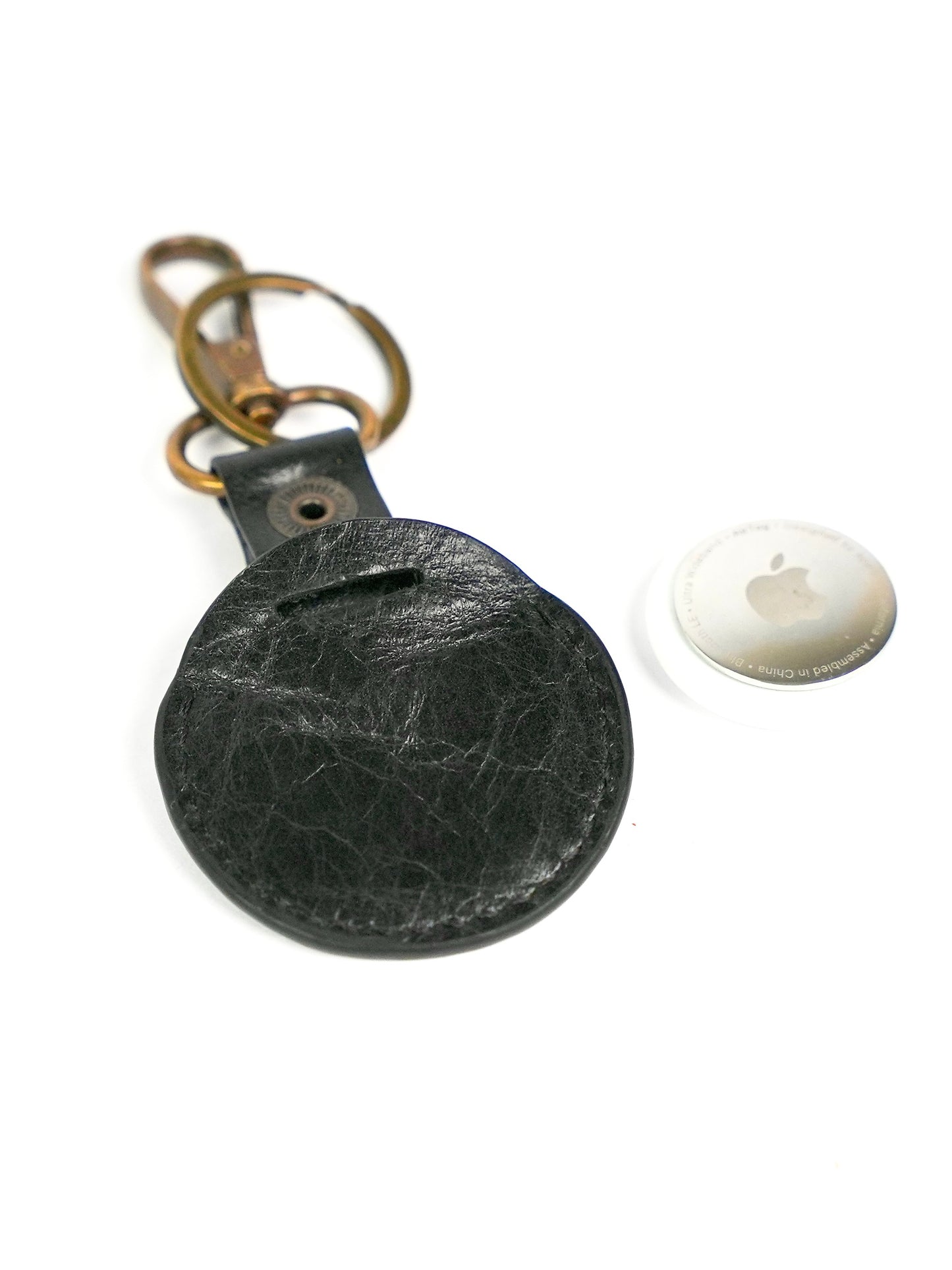 Black Leather Round  Air Tag Key Chain
