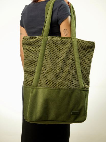 Olive Mesh & Suede-Texture Oversized Tote