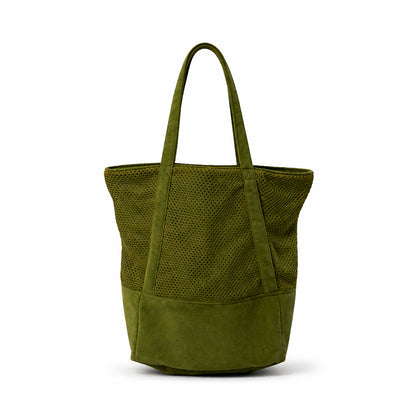 Olive Mesh & Suede-Texture Oversized Tote